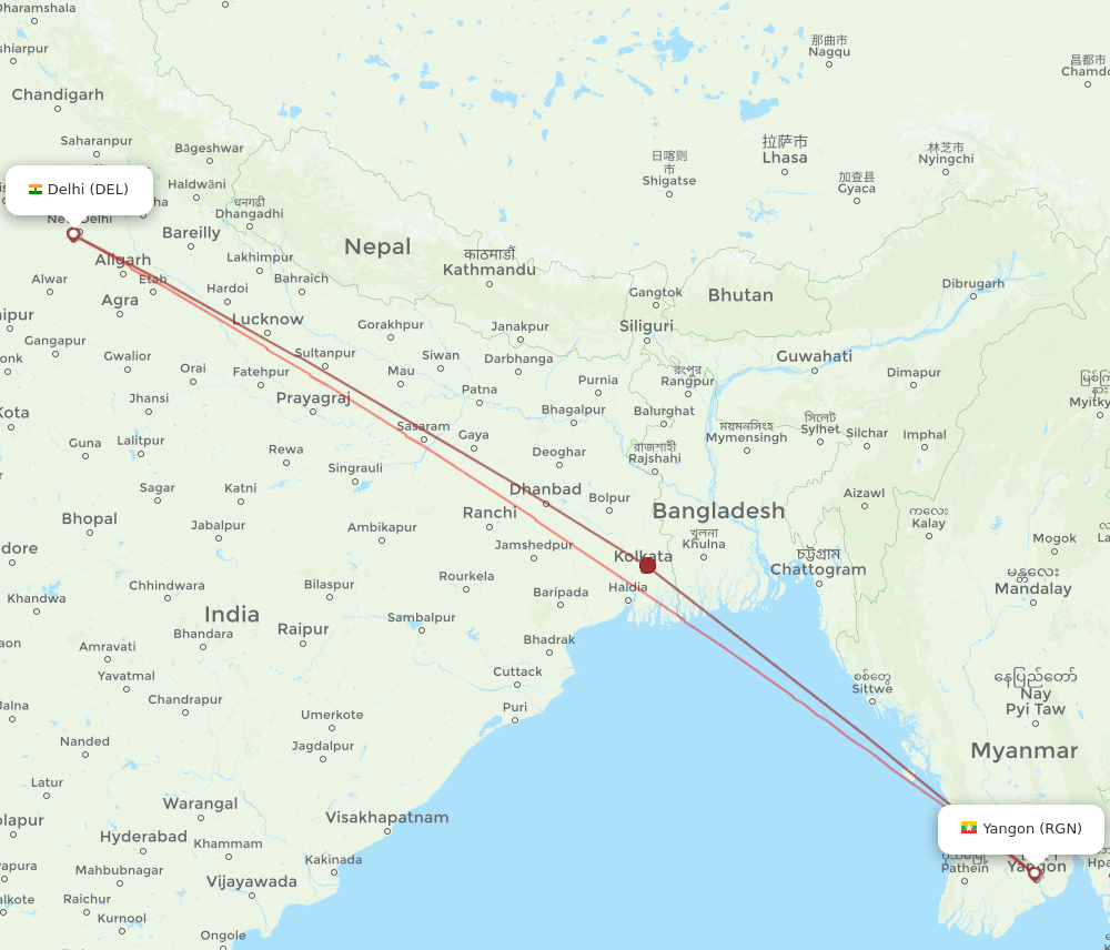 RGN-DEL flight routes