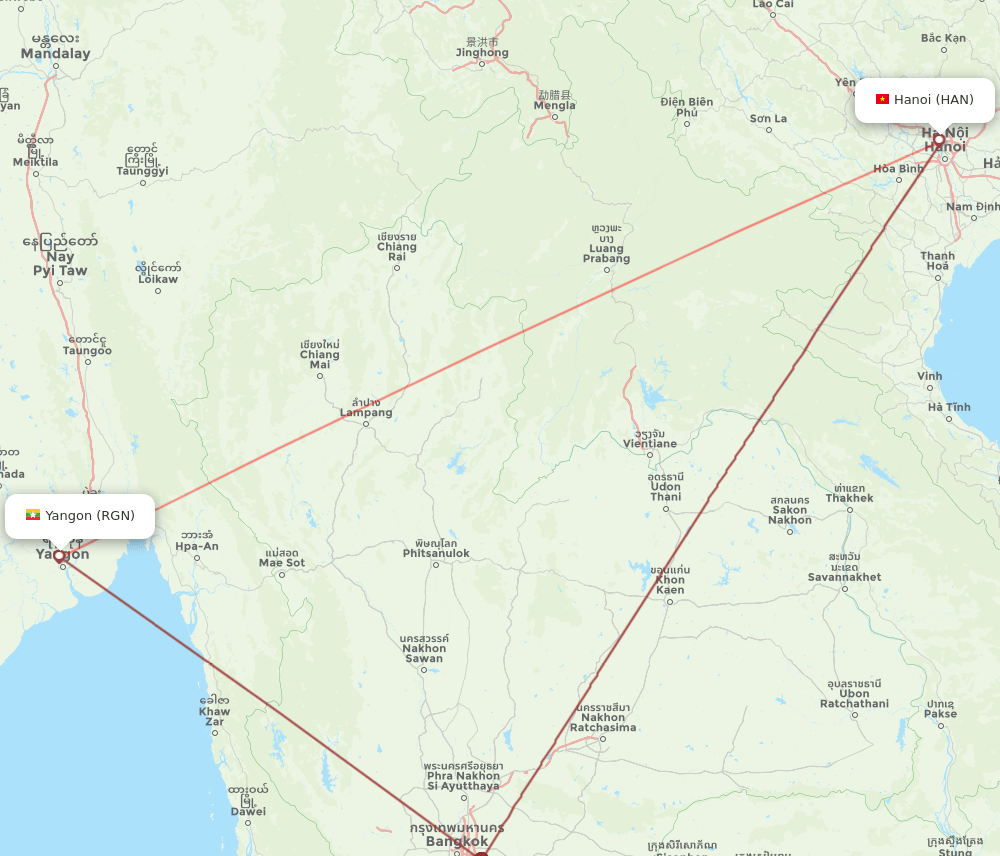 RGN to HAN flights and routes map