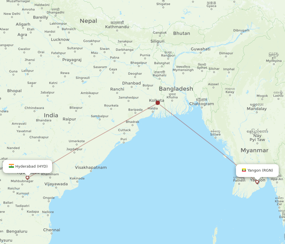 RGN-HYD flight routes