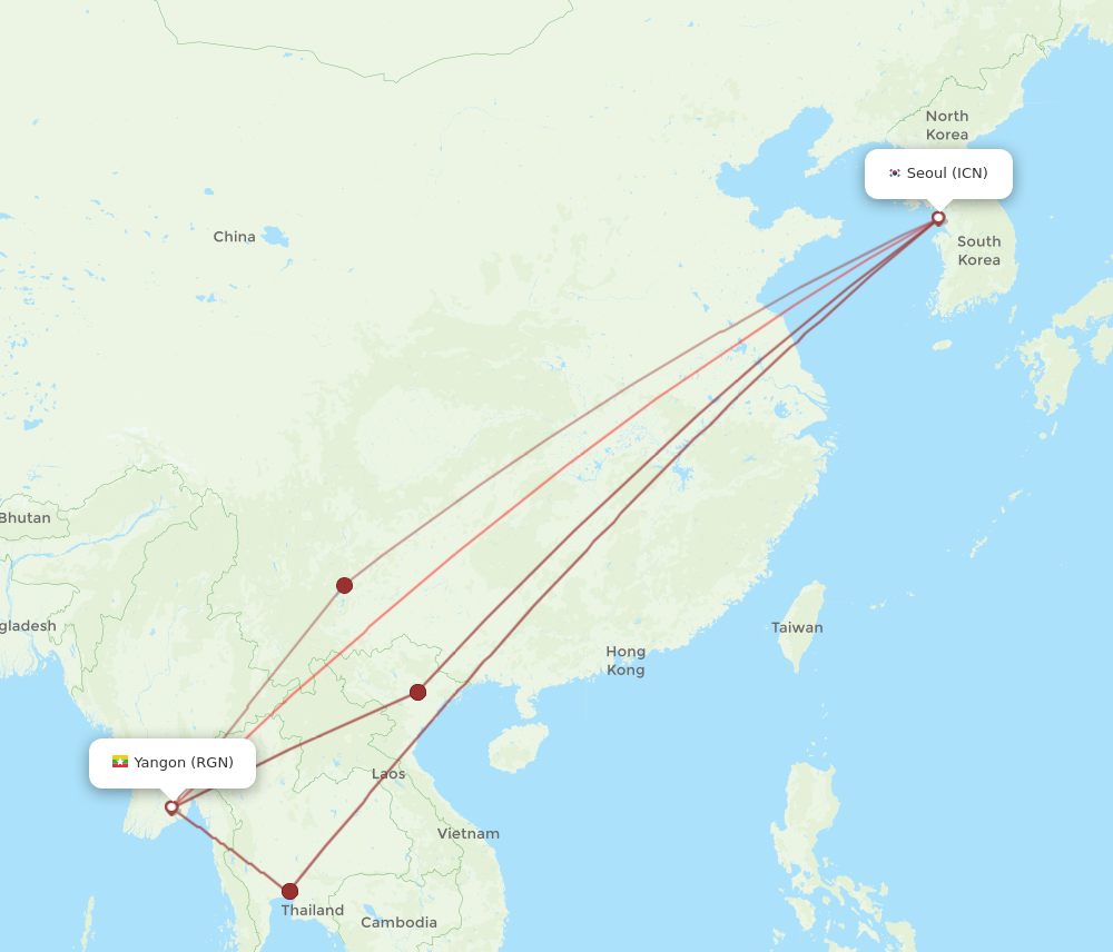 RGN to ICN flights and routes map