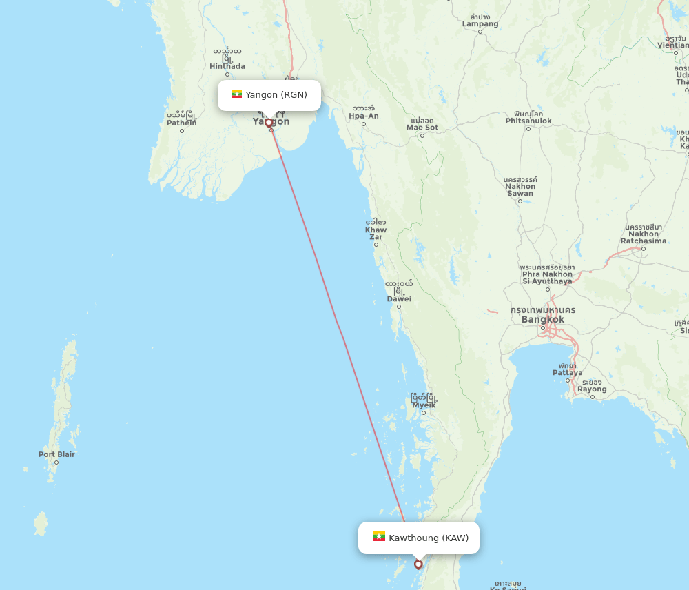 RGN to KAW flights and routes map