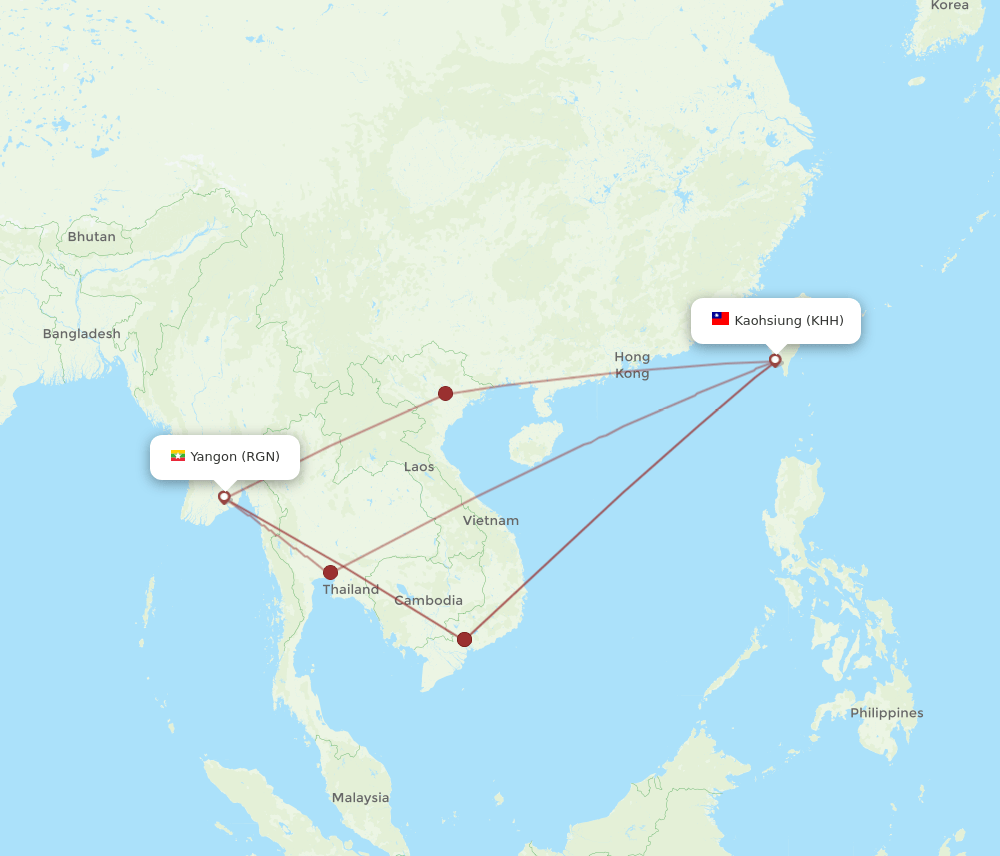 RGN to KHH flights and routes map