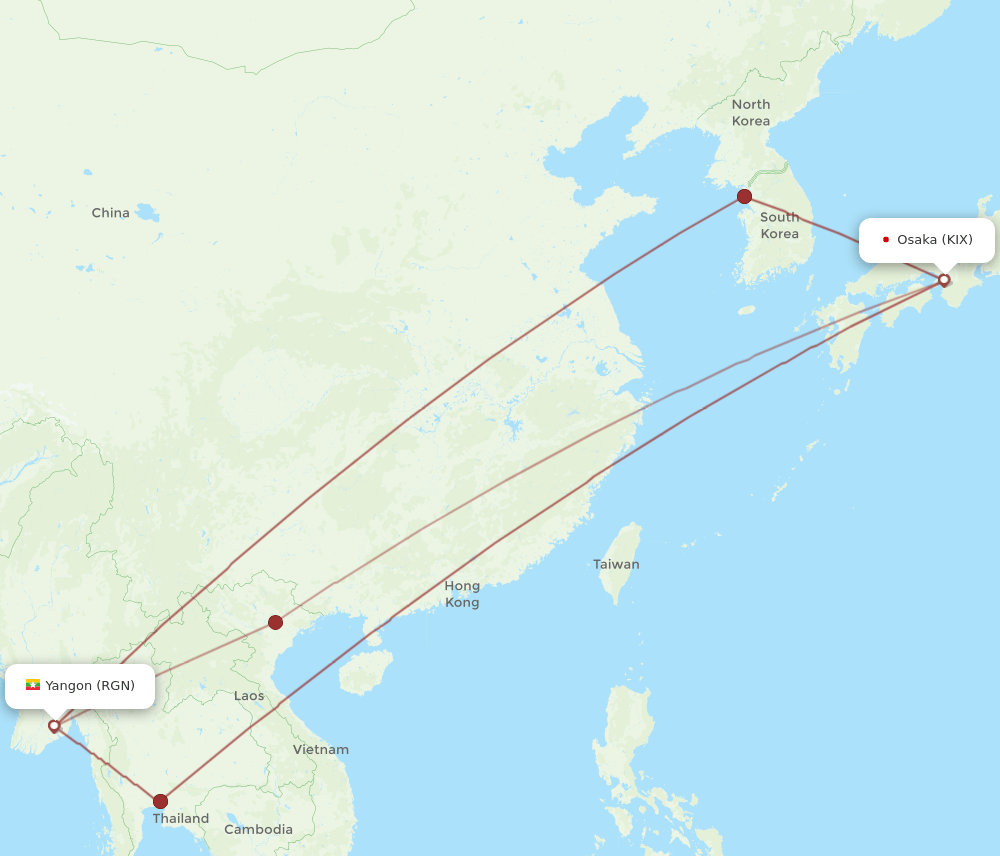 RGN to KIX flights and routes map