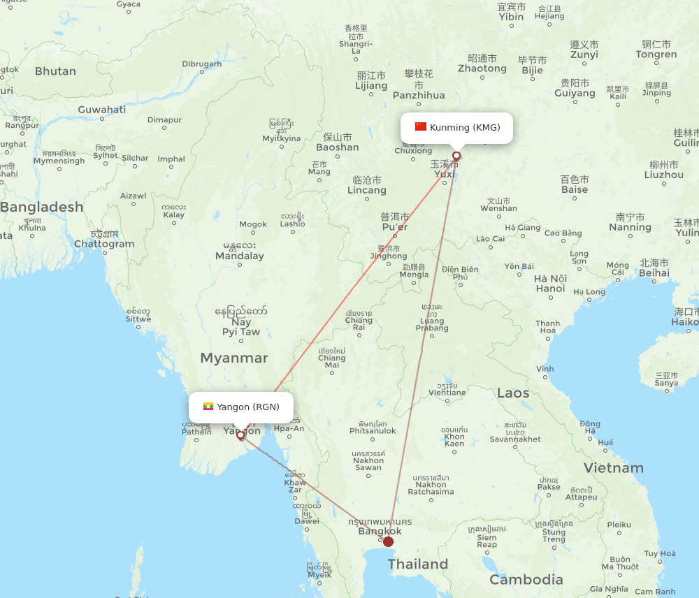 RGN-KMG flight routes