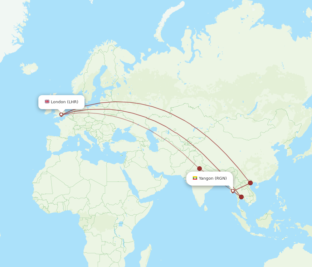 RGN-LHR flight routes