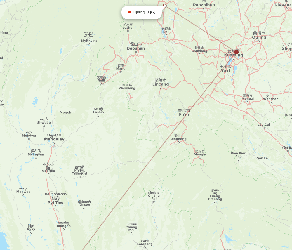 Lijiang - Yangon route map and flight paths