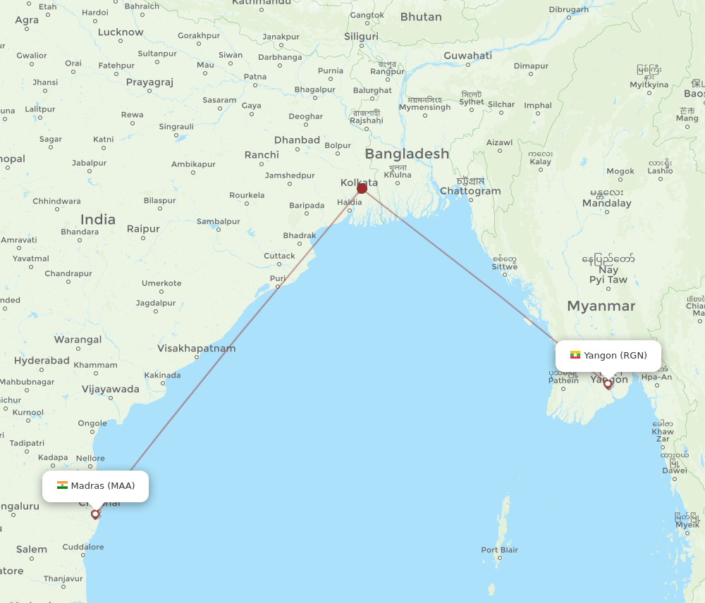 RGN to MAA flights and routes map