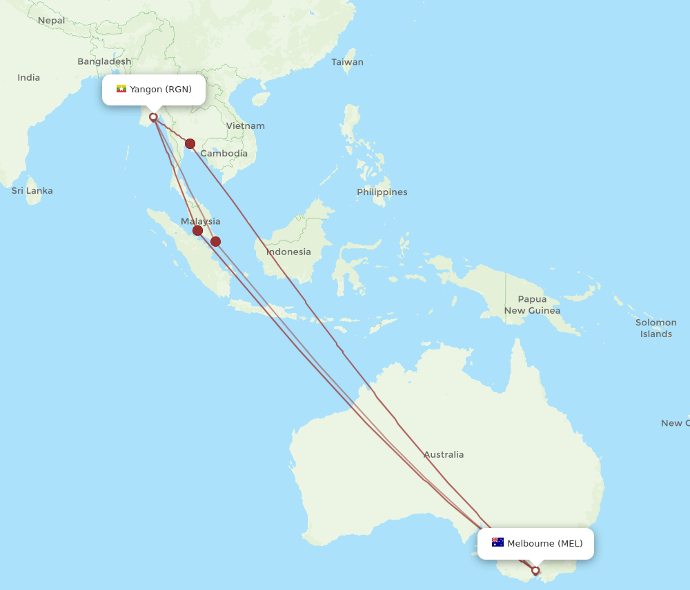 RGN-MEL flight routes