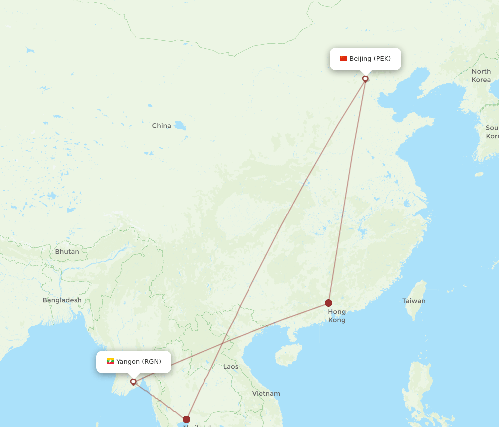 RGN-PEK flight routes