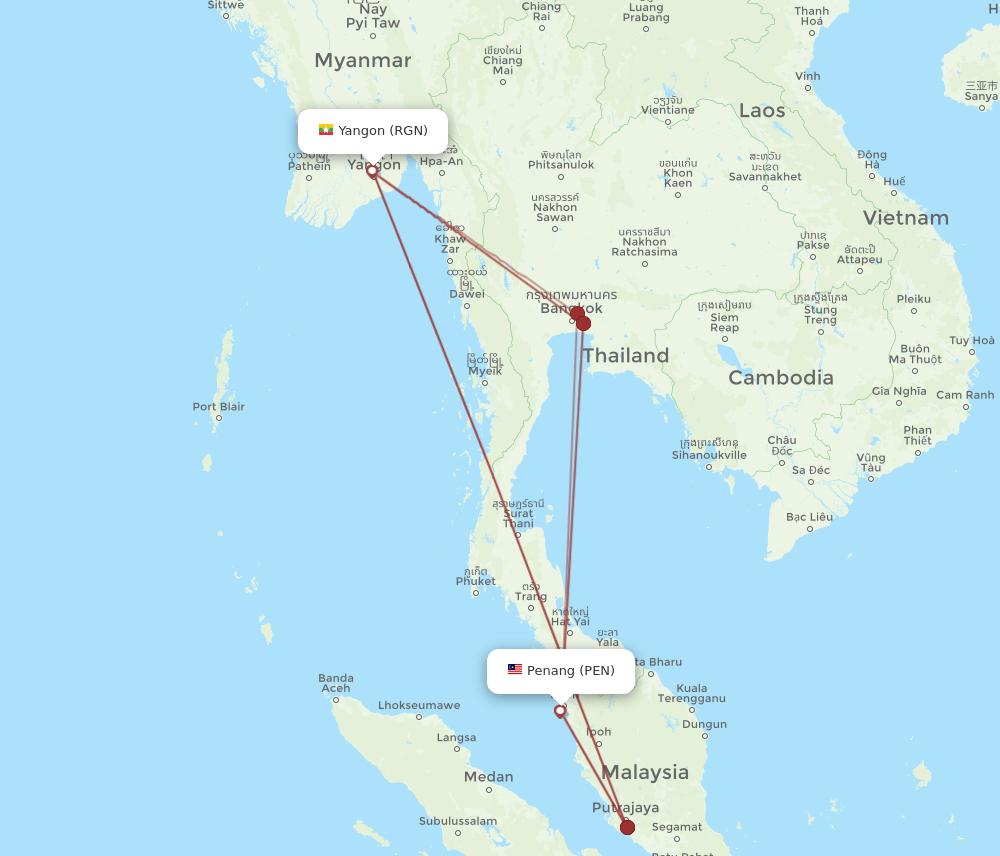 RGN to PEN flights and routes map