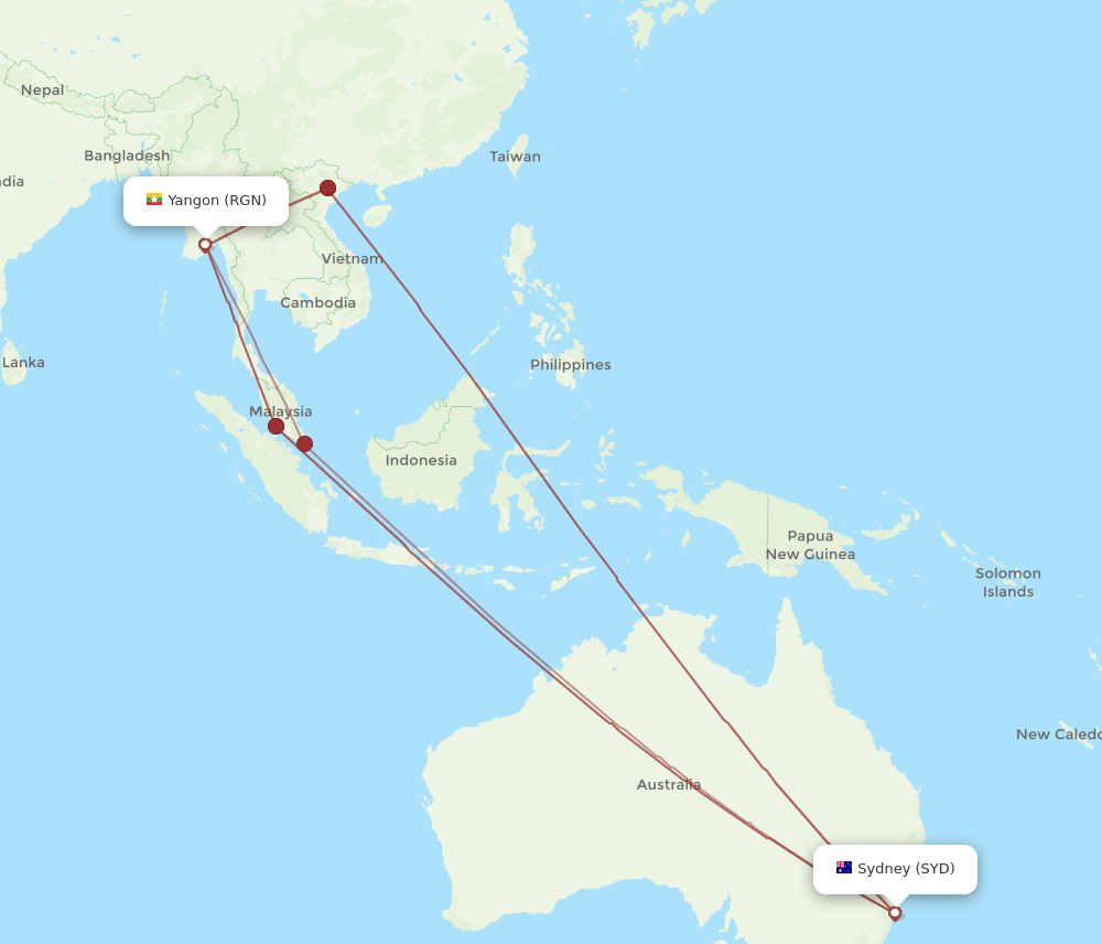 RGN-SYD flight routes