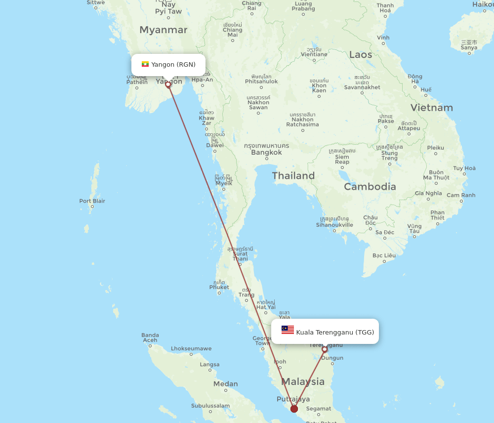 RGN to TGG flights and routes map