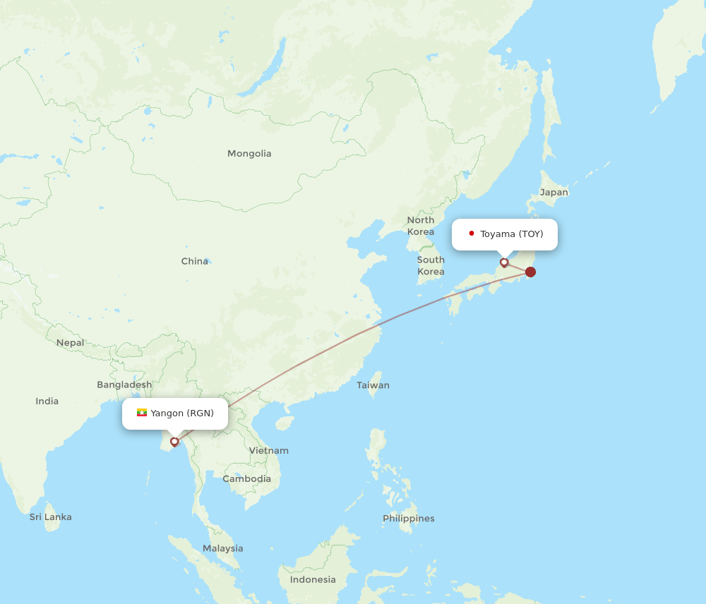 Yangon - Toyama route map and flight paths