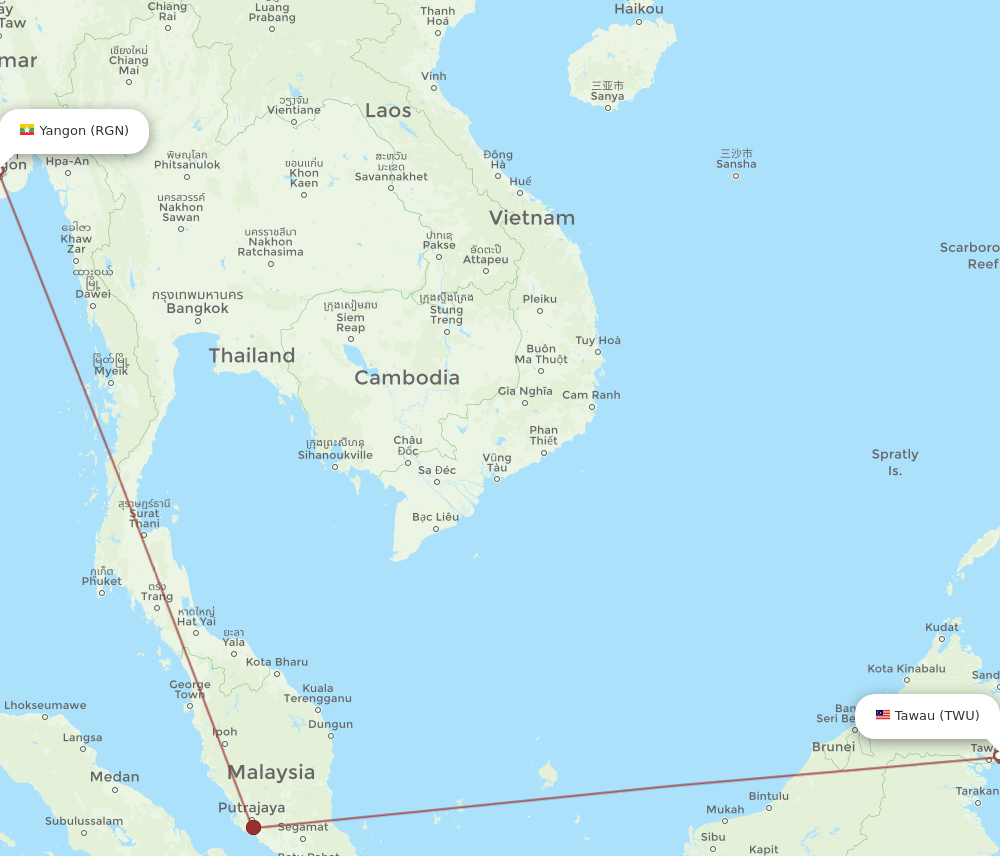 RGN-TWU flight routes