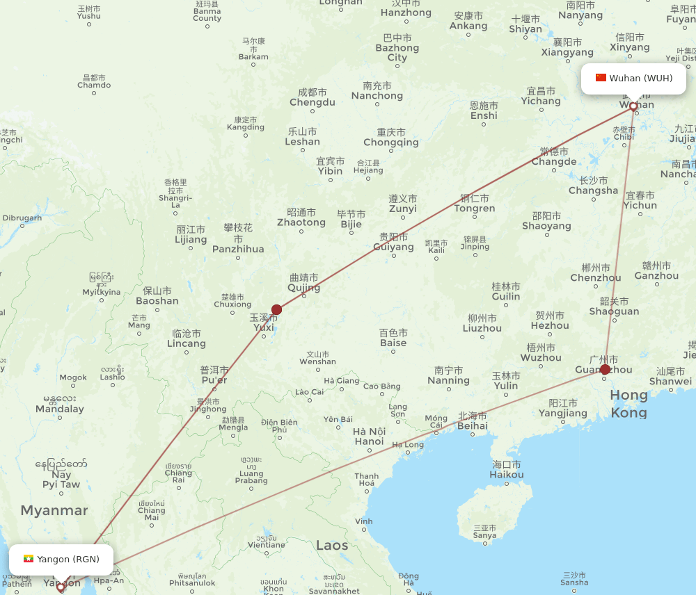 RGN-WUH flight routes