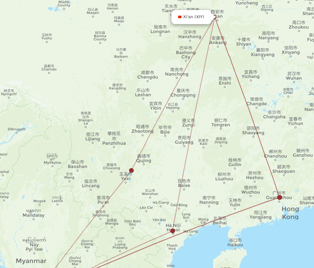 RGN-XIY flight routes