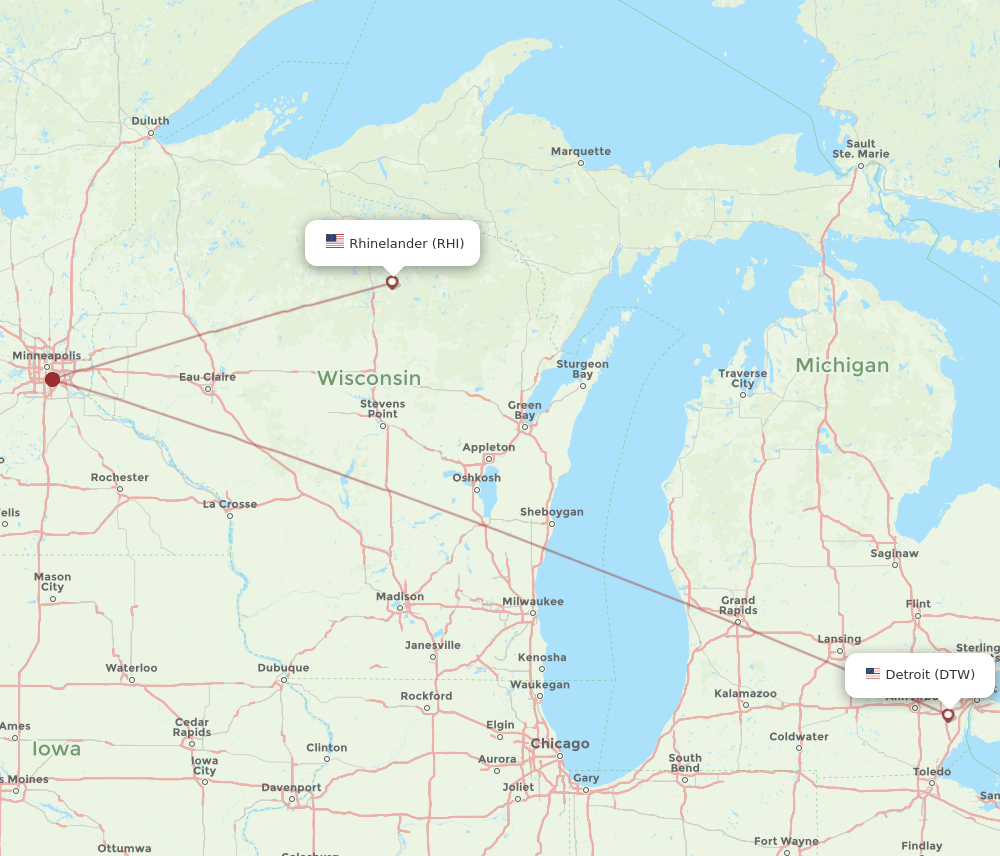 RHI-DTW flight routes