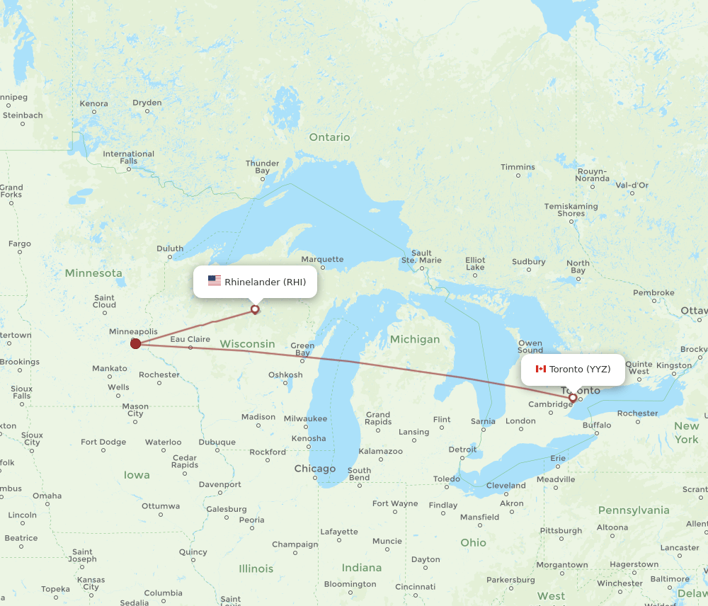 Toronto - Rhinelander route map and flight paths