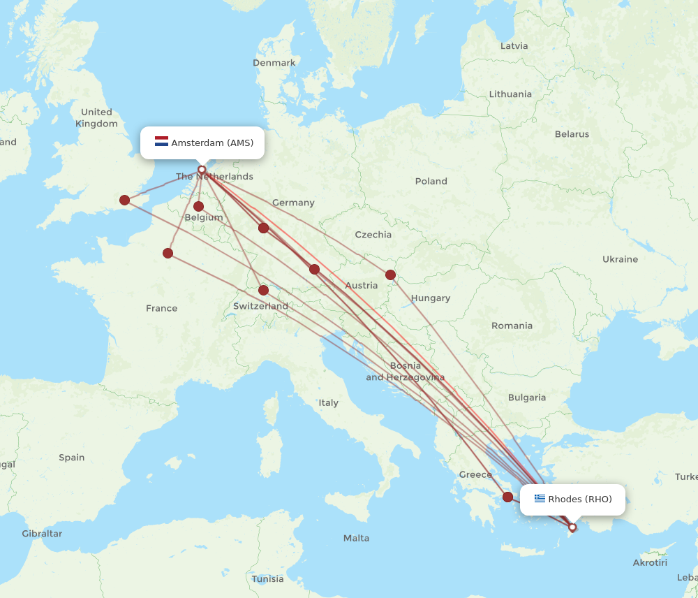 RHO to AMS flights and routes map