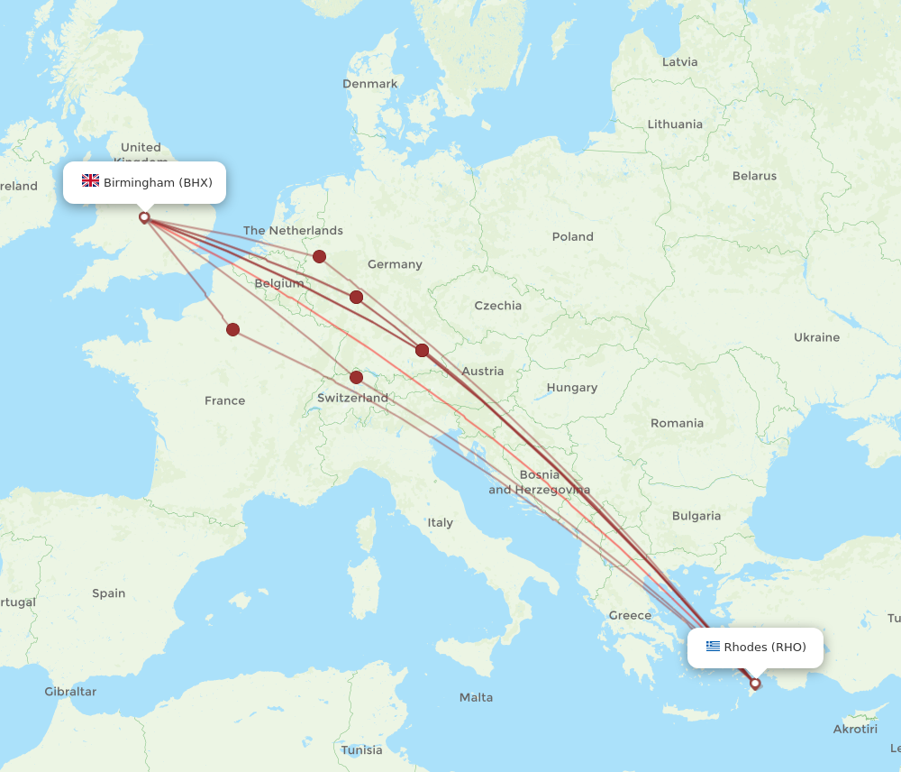 RHO to BHX flights and routes map
