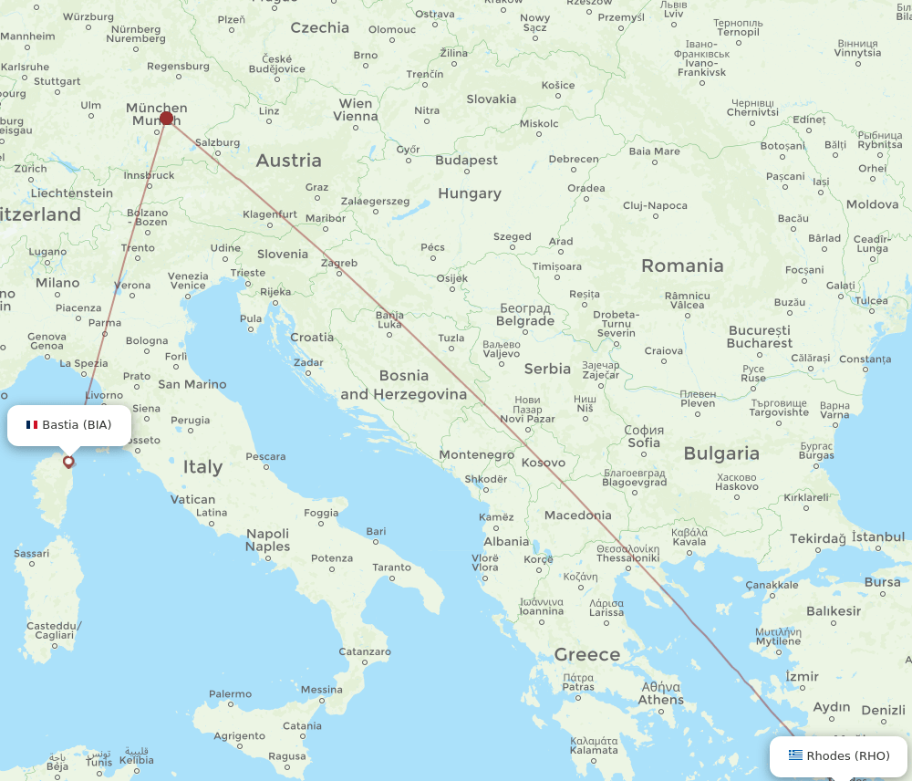 BIA to RHO flights and routes map