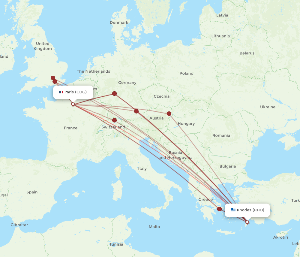RHO to CDG flights and routes map