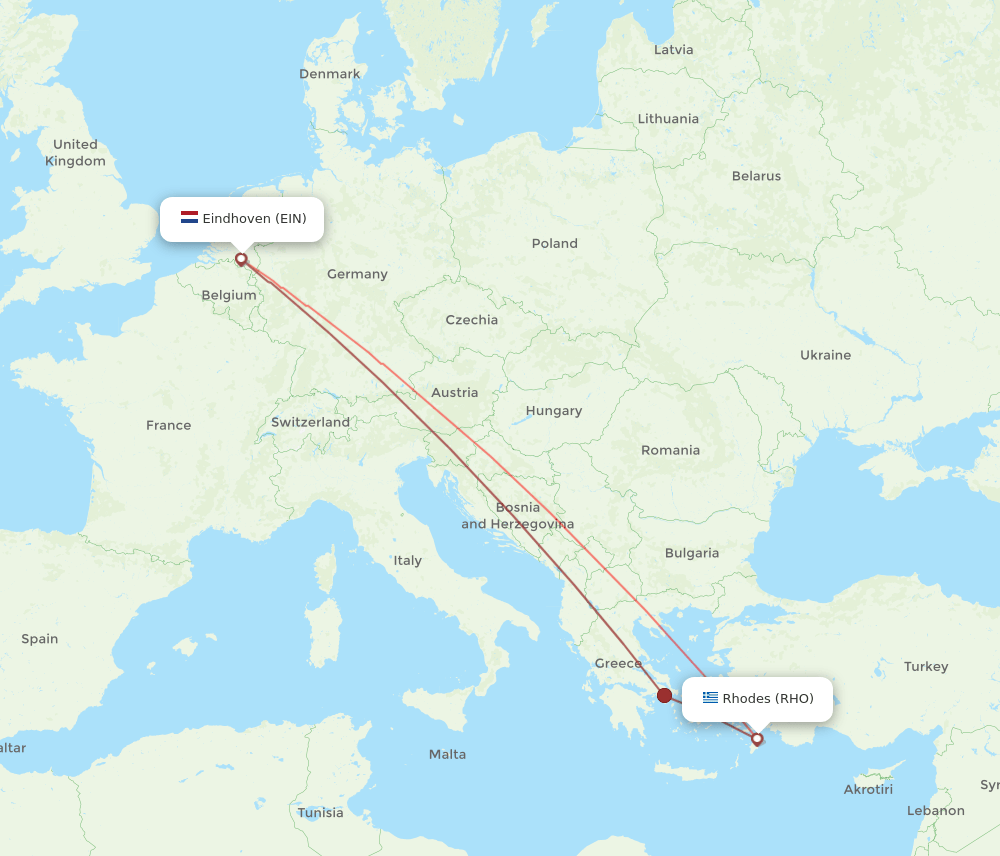 Rhodes - Eindhoven route map and flight paths