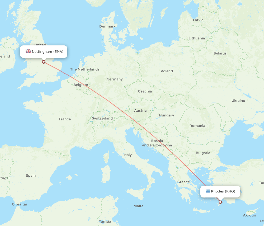 Rhodes - Leicestershire route map and flight paths