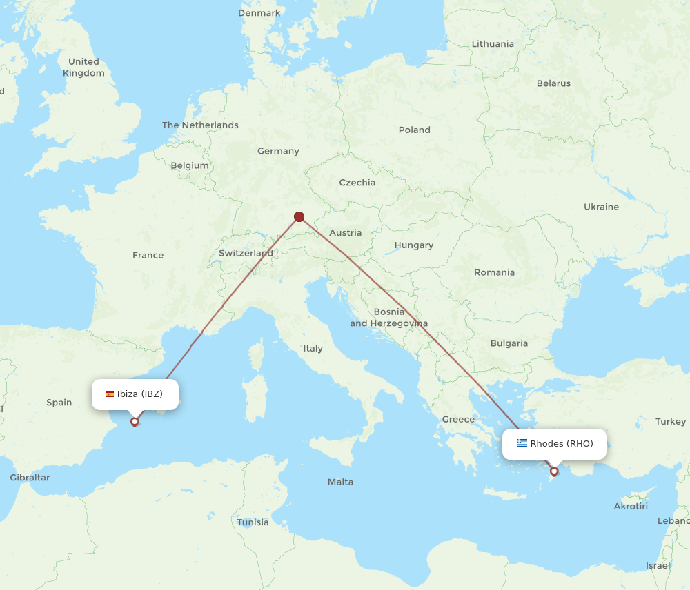 Ibiza - Rhodes route map and flight paths