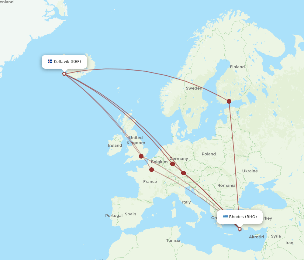 RHO-KEF flight routes