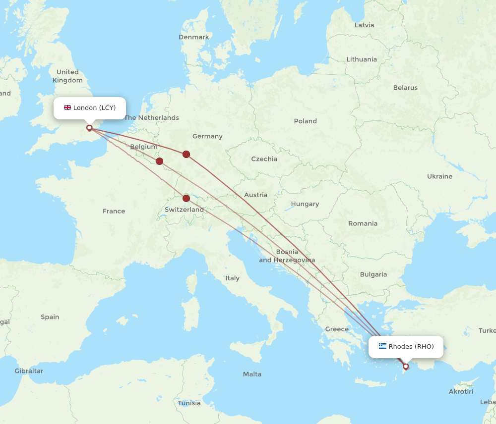RHO to LCY flights and routes map