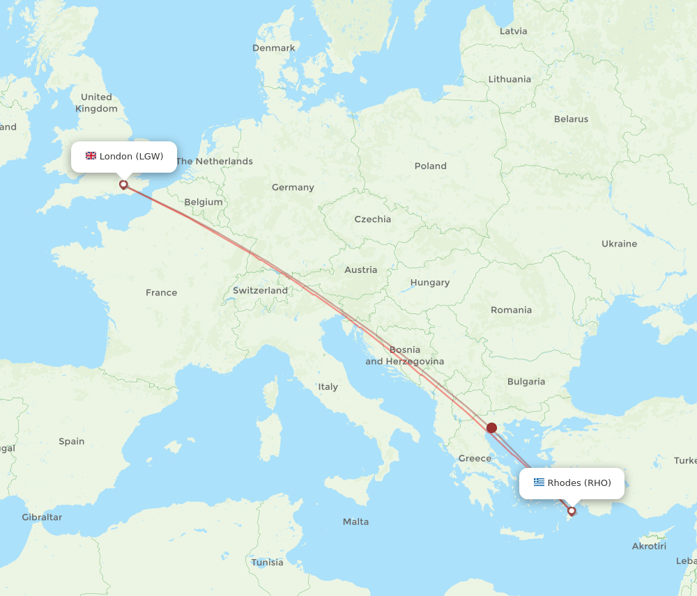 RHO to LGW flights and routes map