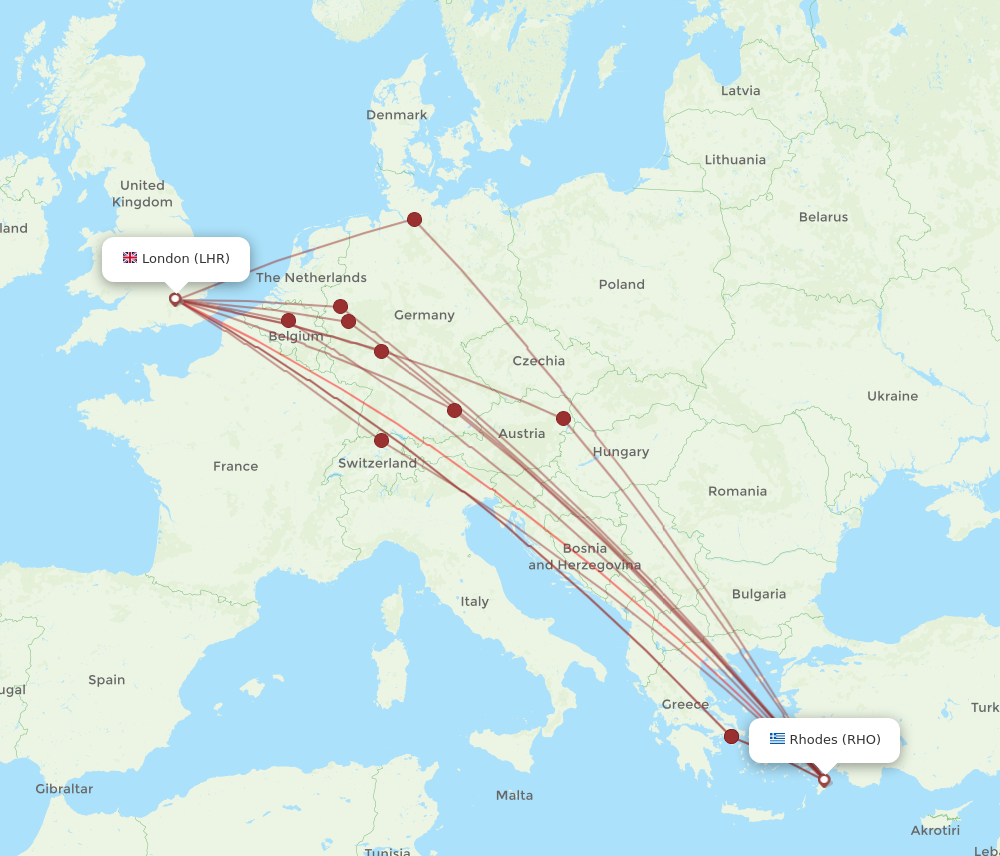 RHO to LHR flights and routes map