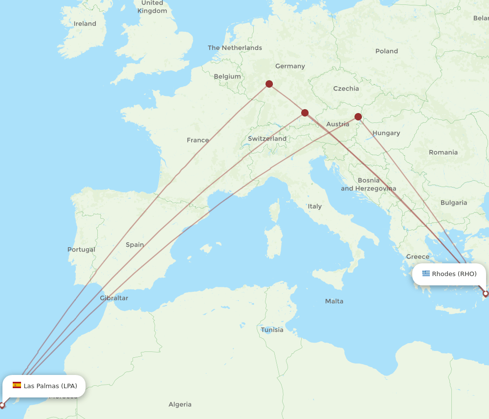 Las Palmas - Rhodes route map and flight paths