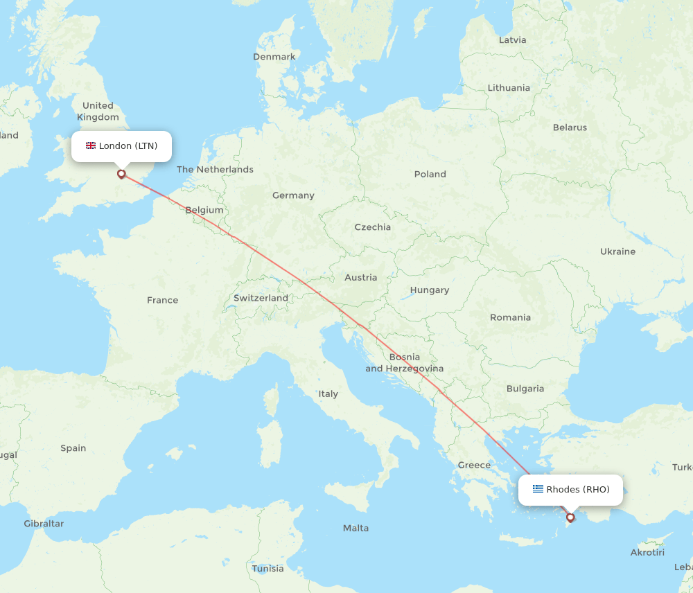 RHO to LTN flights and routes map