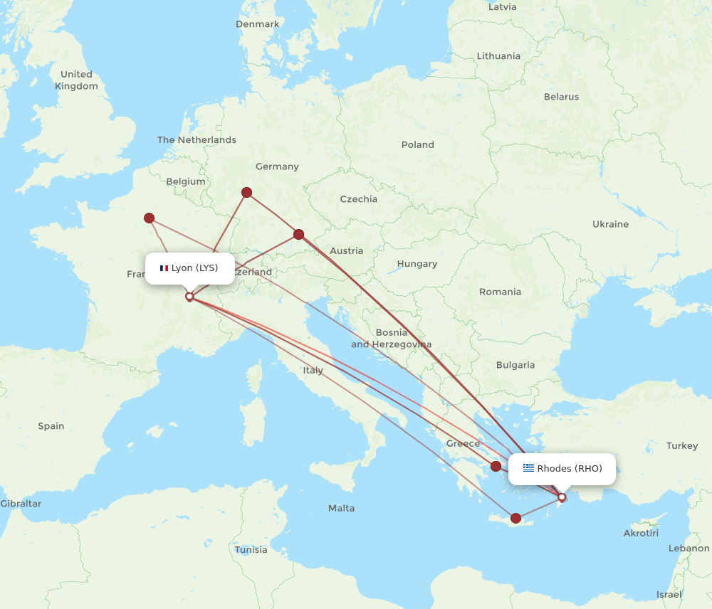RHO to LYS flights and routes map