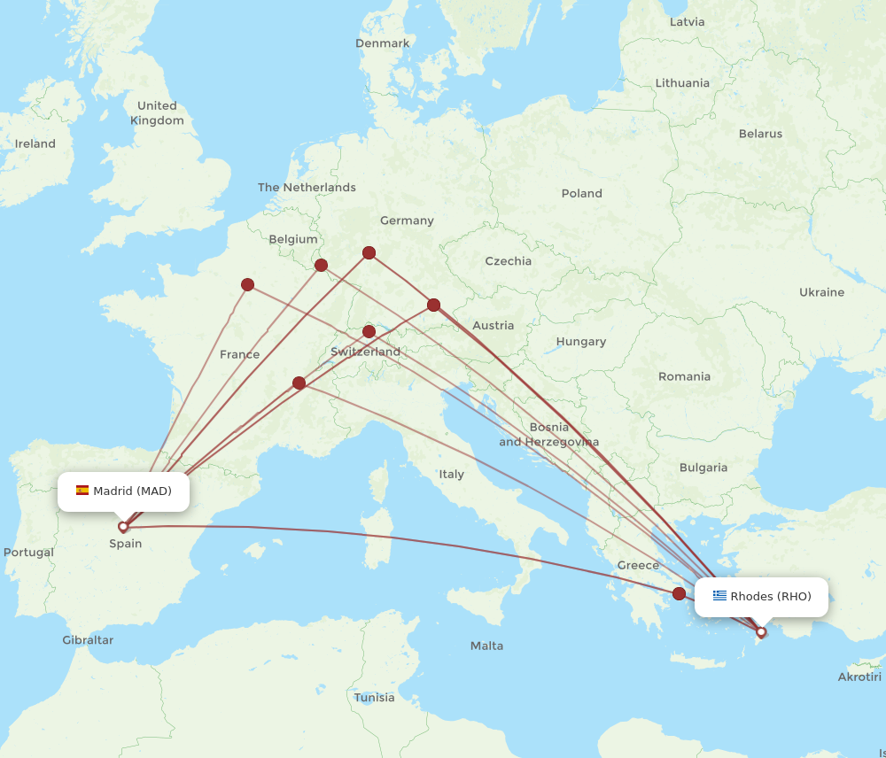 RHO to MAD flights and routes map