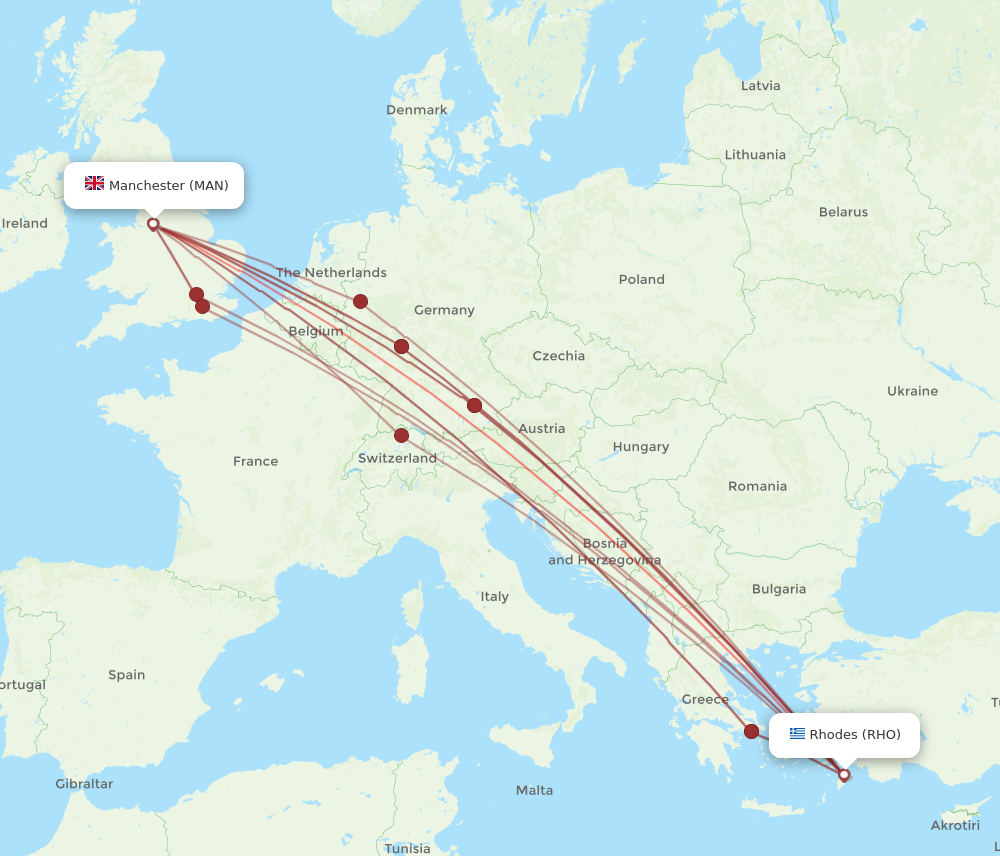 RHO to MAN flights and routes map