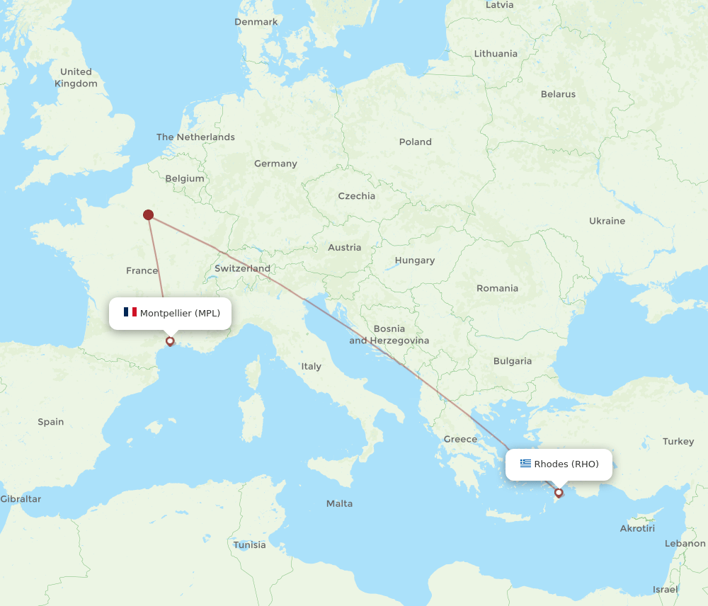 Montpellier - Rhodes route map and flight paths