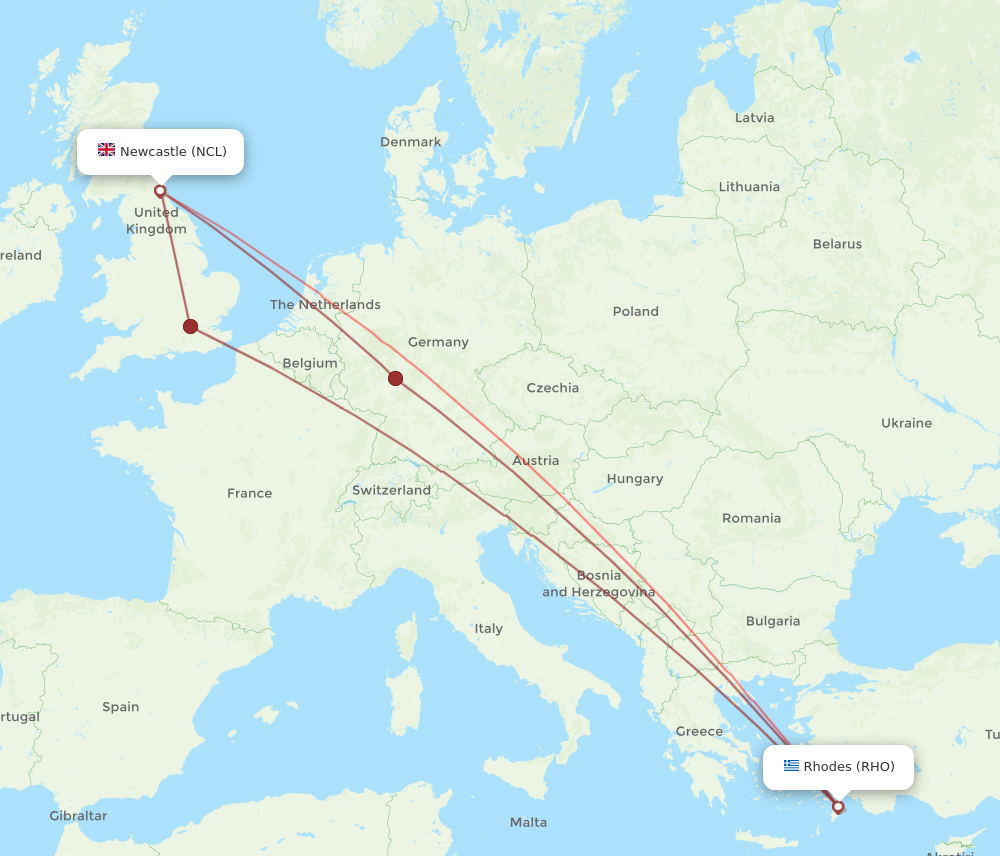 RHO to NCL flights and routes map