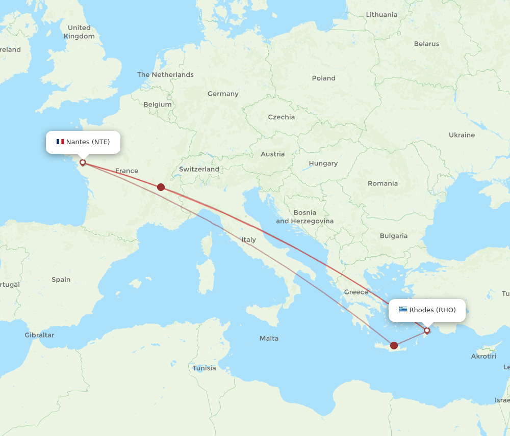 RHO to NTE flights and routes map