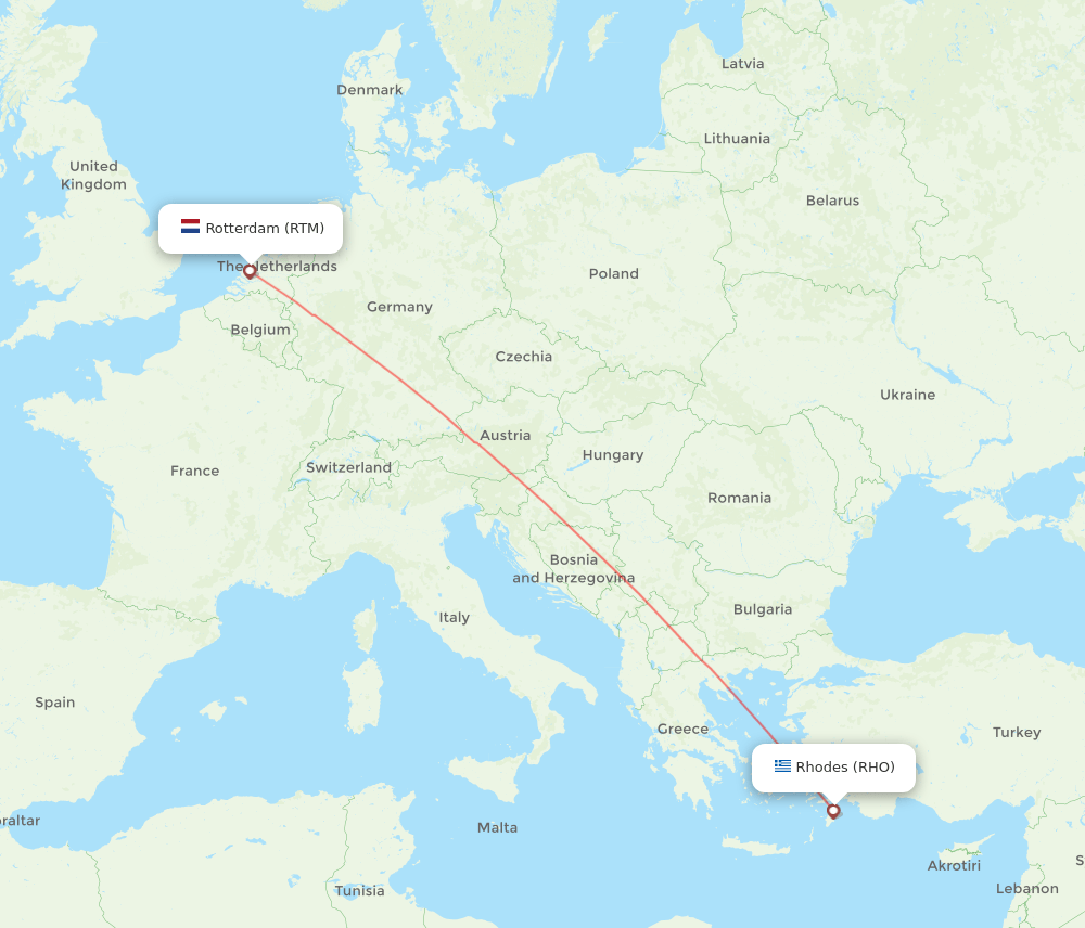 Rhodes - Rotterdam route map and flight paths
