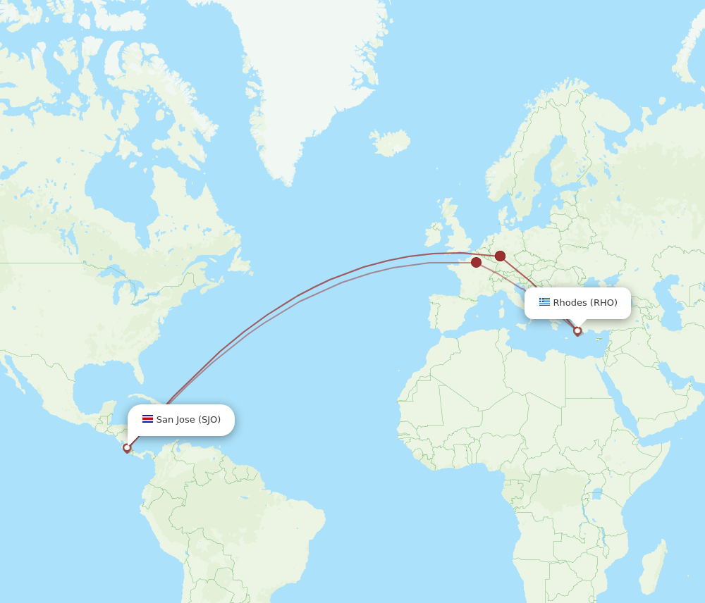 RHO to SJO flights and routes map