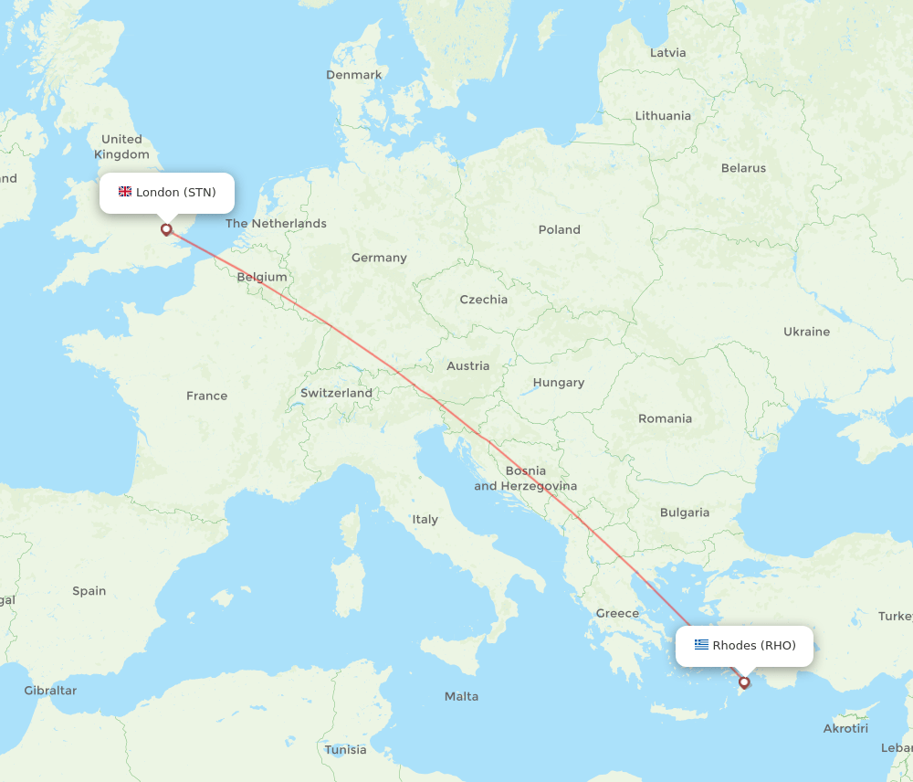 RHO to STN flights and routes map