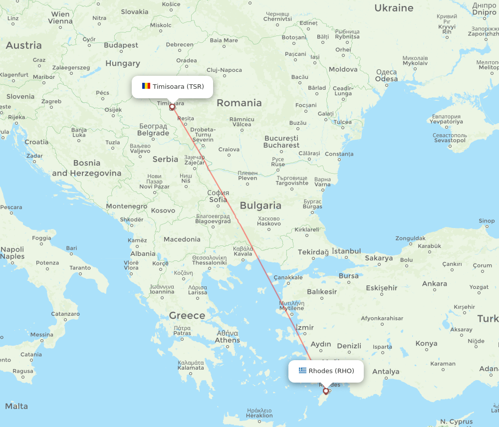Rhodes - Timisoara route map and flight paths