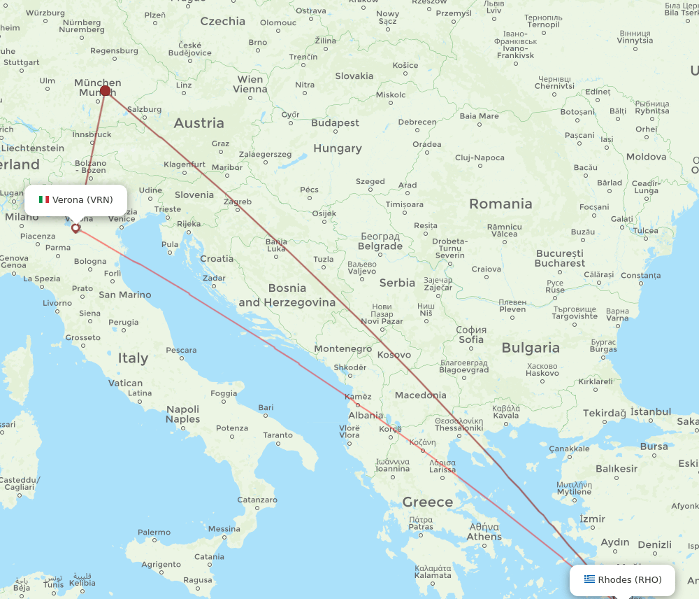 Verona - Rhodes route map and flight paths
