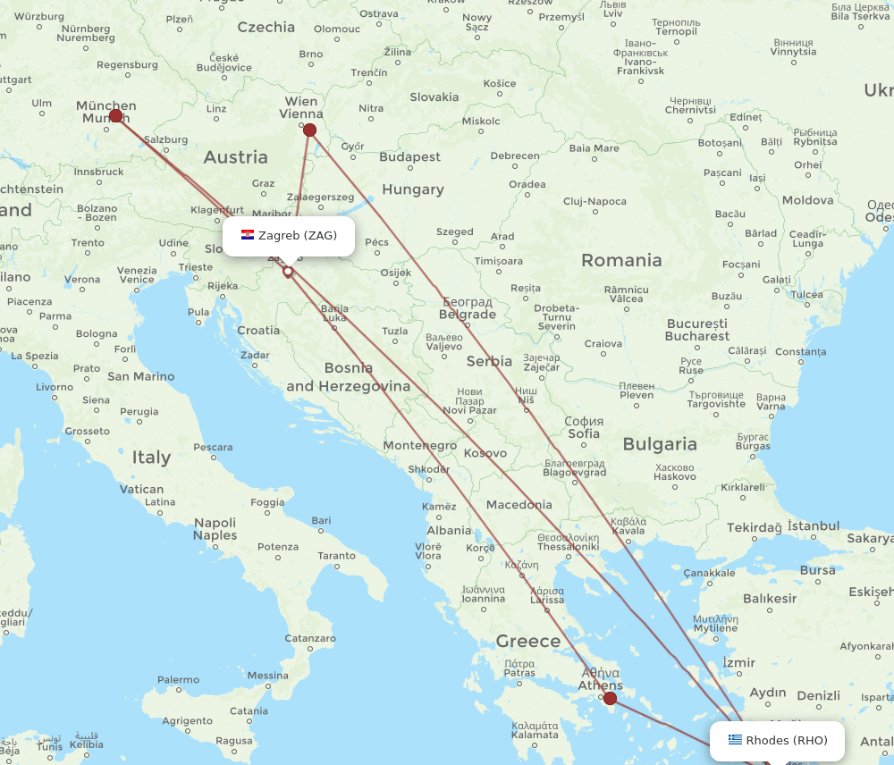 Zagreb - Rhodes route map and flight paths
