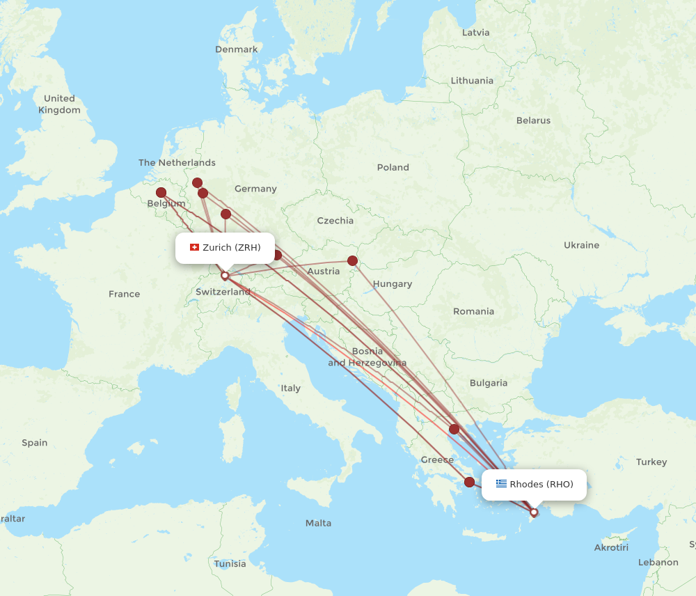 RHO to ZRH flights and routes map