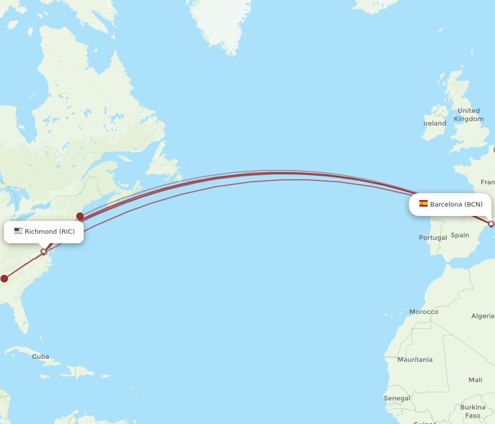 RIC-BCN flight routes
