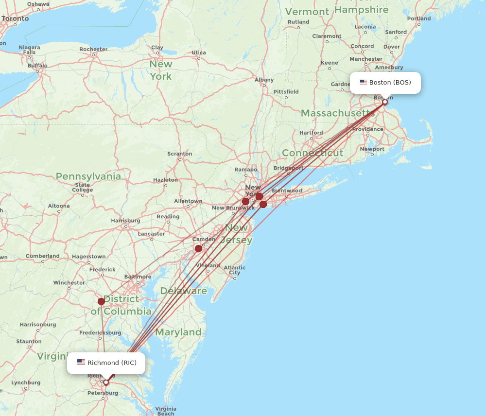 RIC to BOS flights and routes map